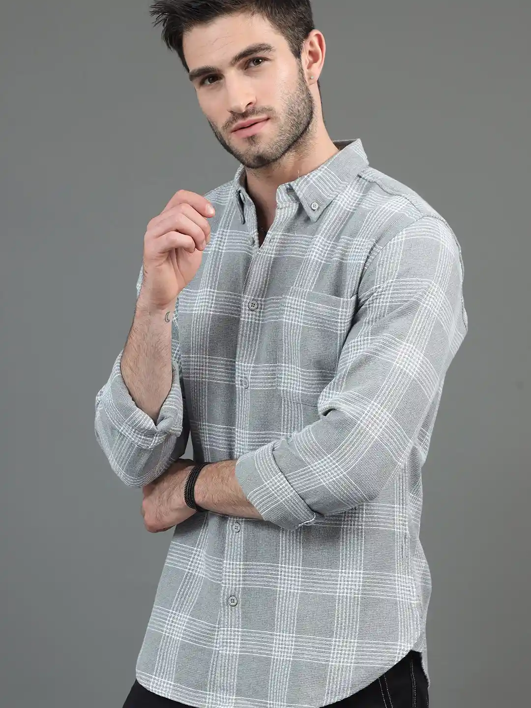 Buy HERE&NOW Grey White Slim Fit Checked Button-Down Collar