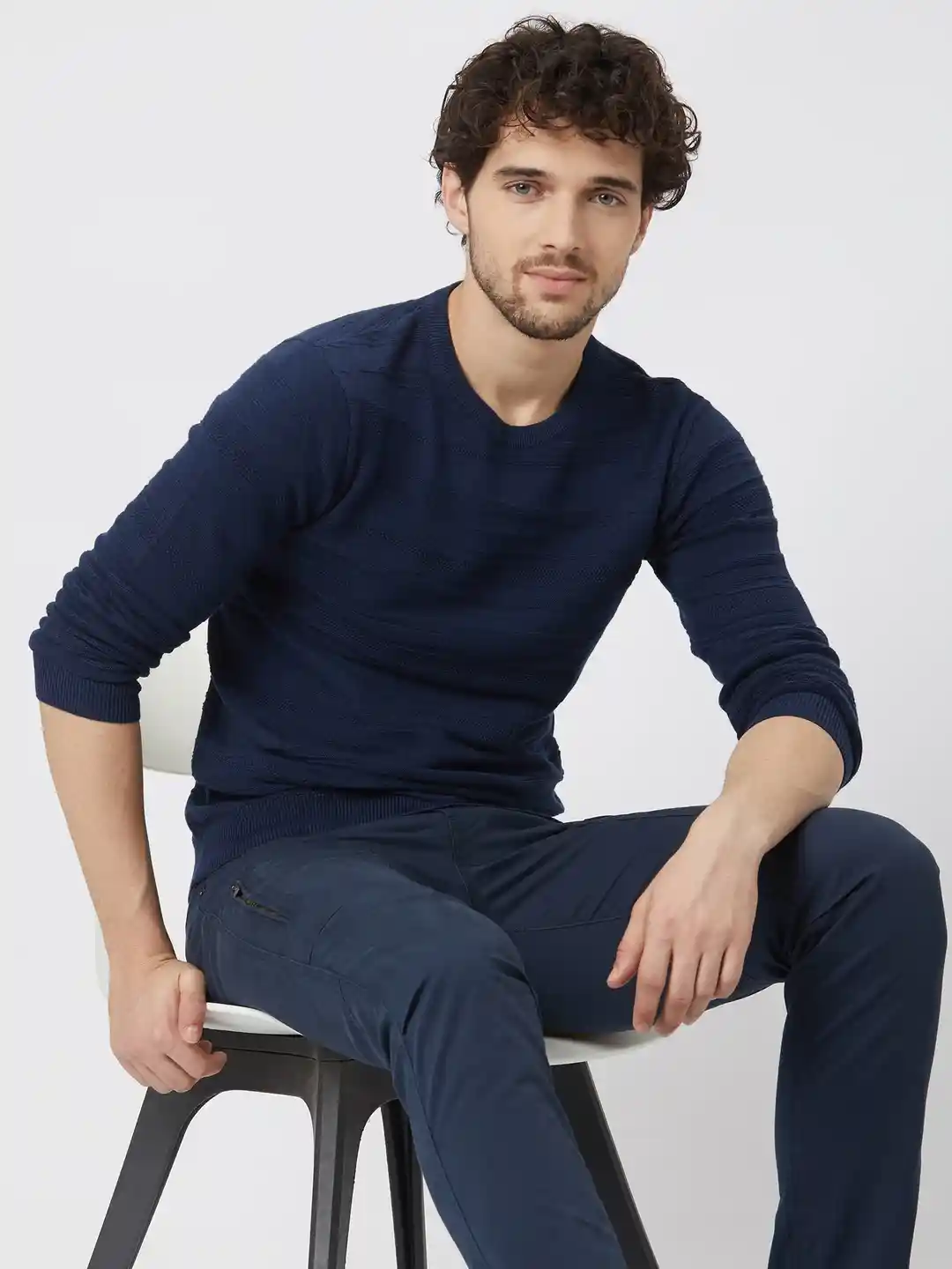 Mufti Slim Fit Self Designed Long Sleeves Flat Knit Pure Cotton T-shirt