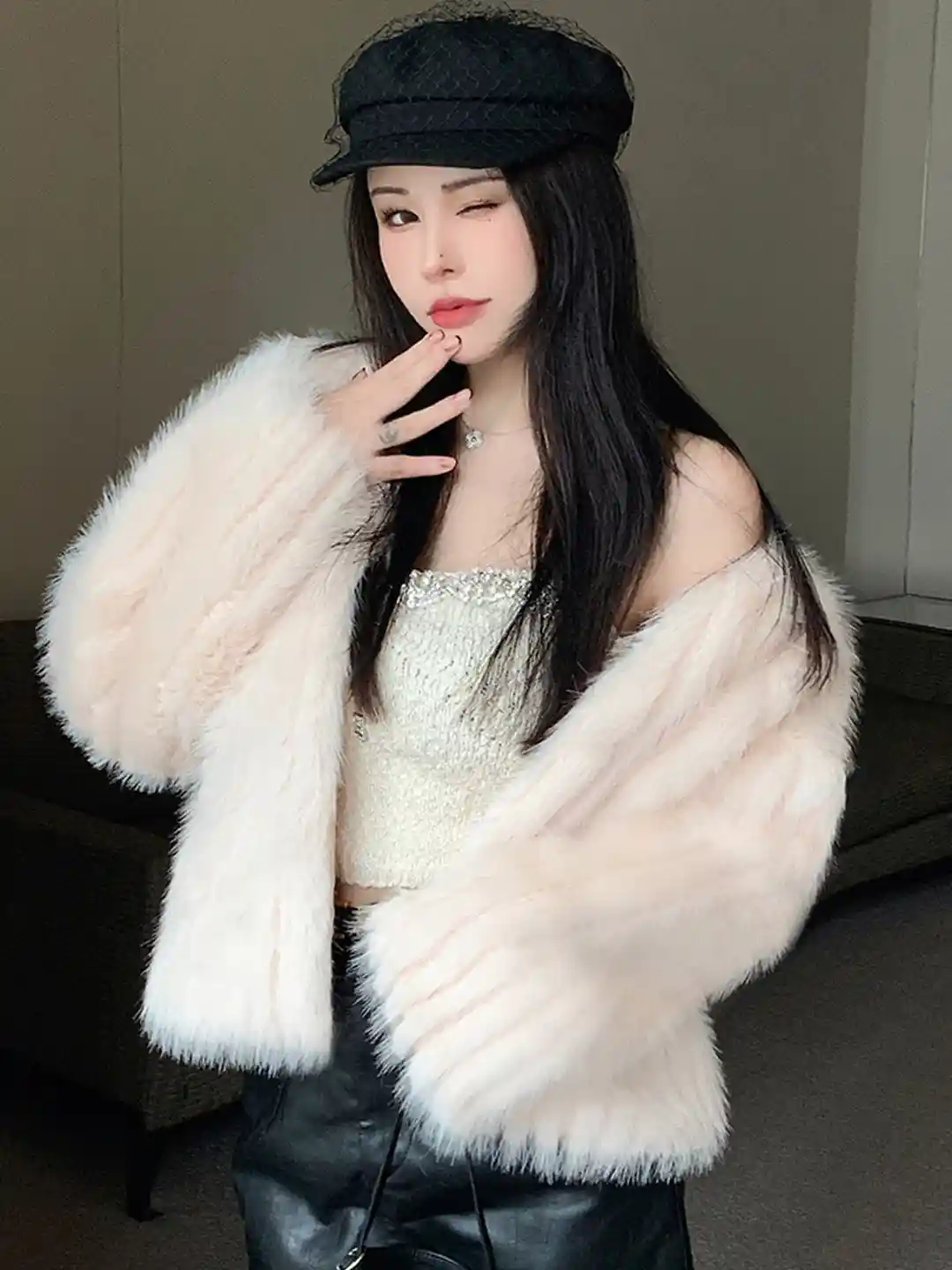 Buy JC Mode Shawl Collar Fuzzy Faux Fur Front Open Sweater