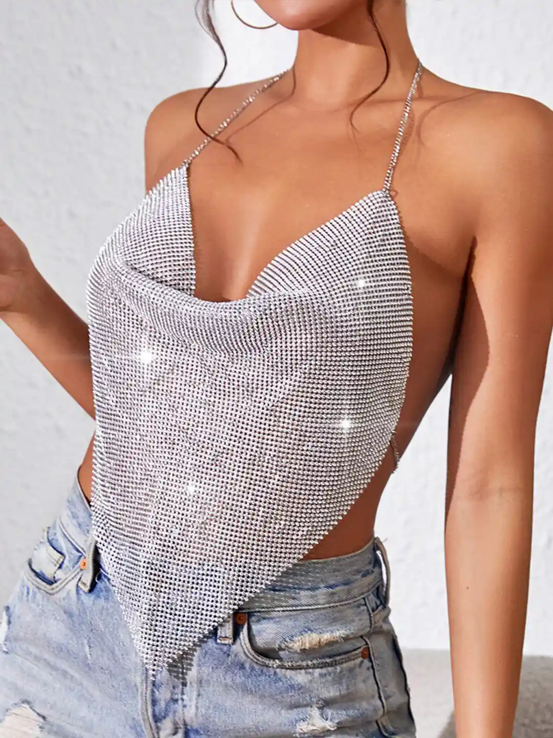 Buy StyleCast Silver-Toned Rhinestone Embellished Halter Neck Open