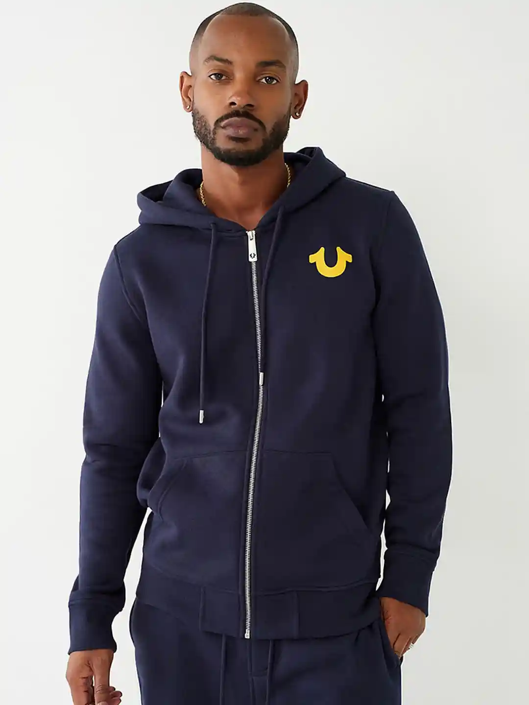 True Religion Hooded Neck Long Sleeve Zip Detail Cotton Open Front Jacket