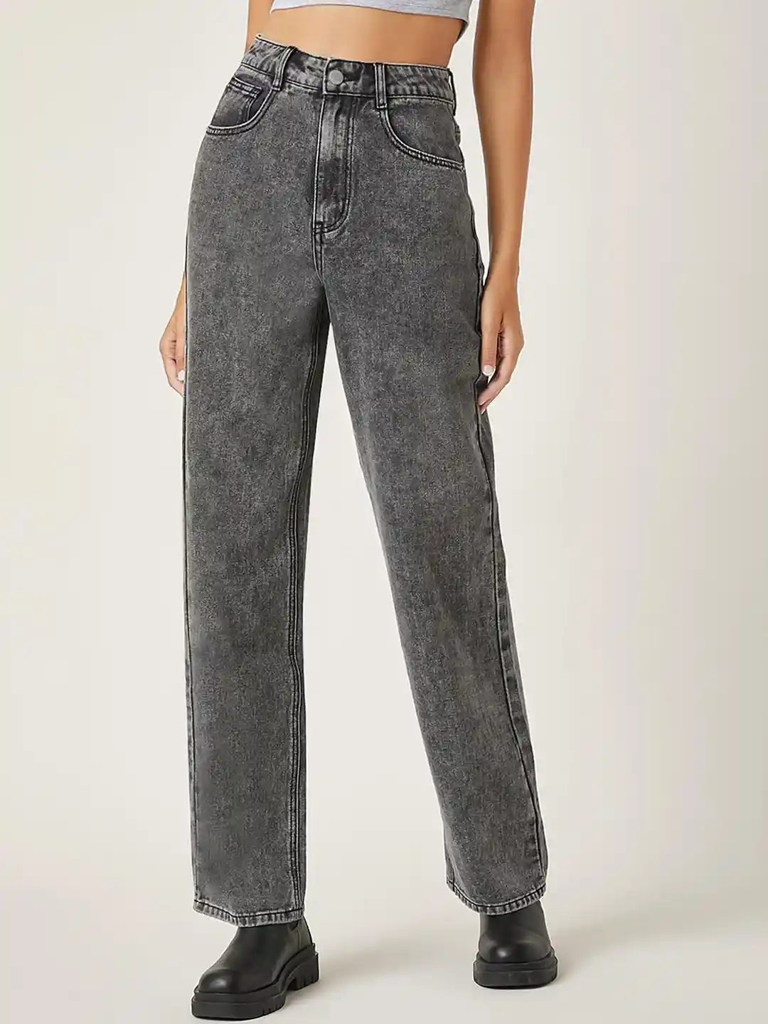 Kotty Women Grey Jean Straight Fit High Rise Clean Look Heavy Fade  Stretchable Jeans