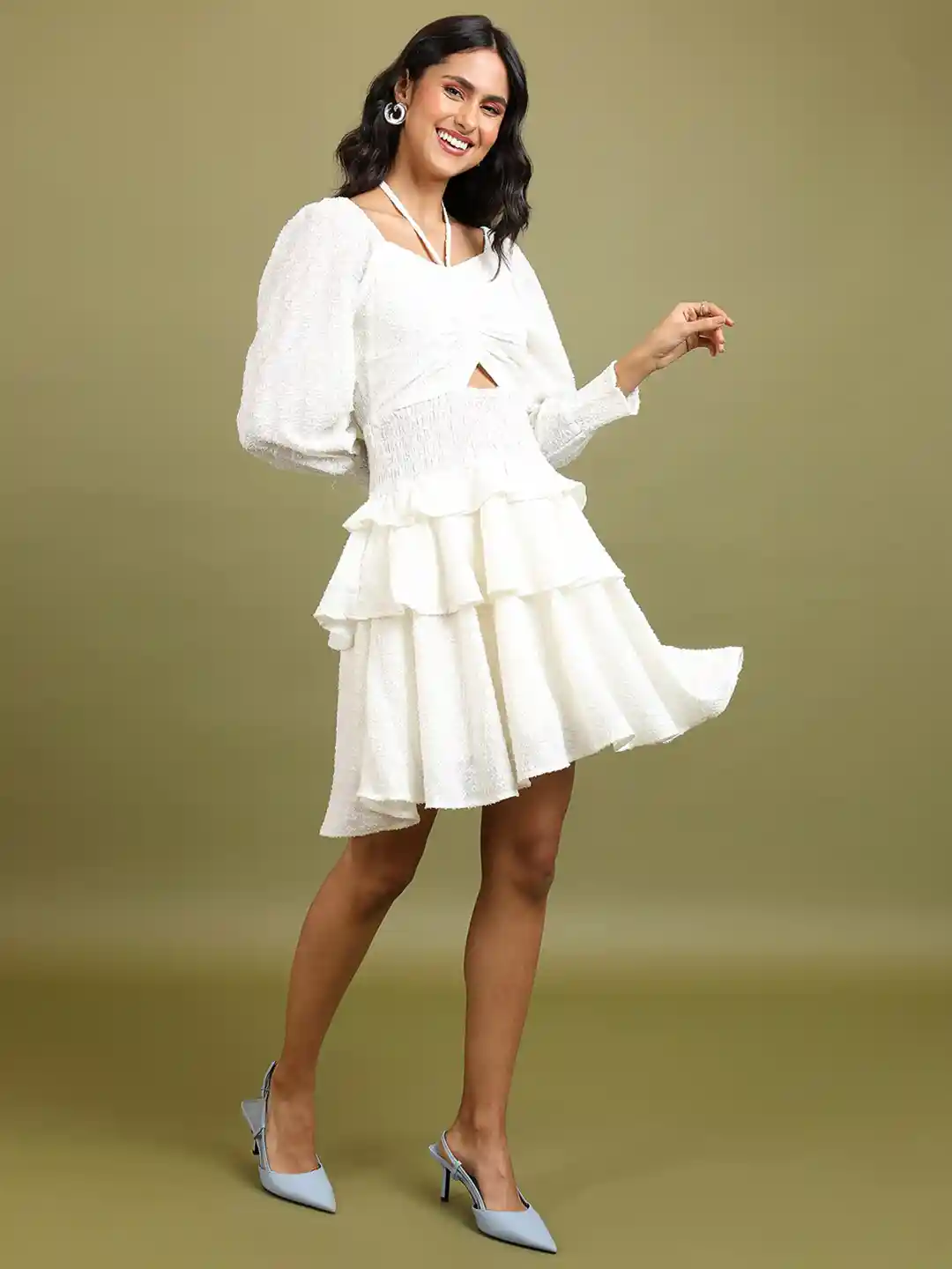 Tokyo Talkies Cream-Coloured Self Design Puff Sleeves Cut Outs Ruched Fit  and Flare Dress