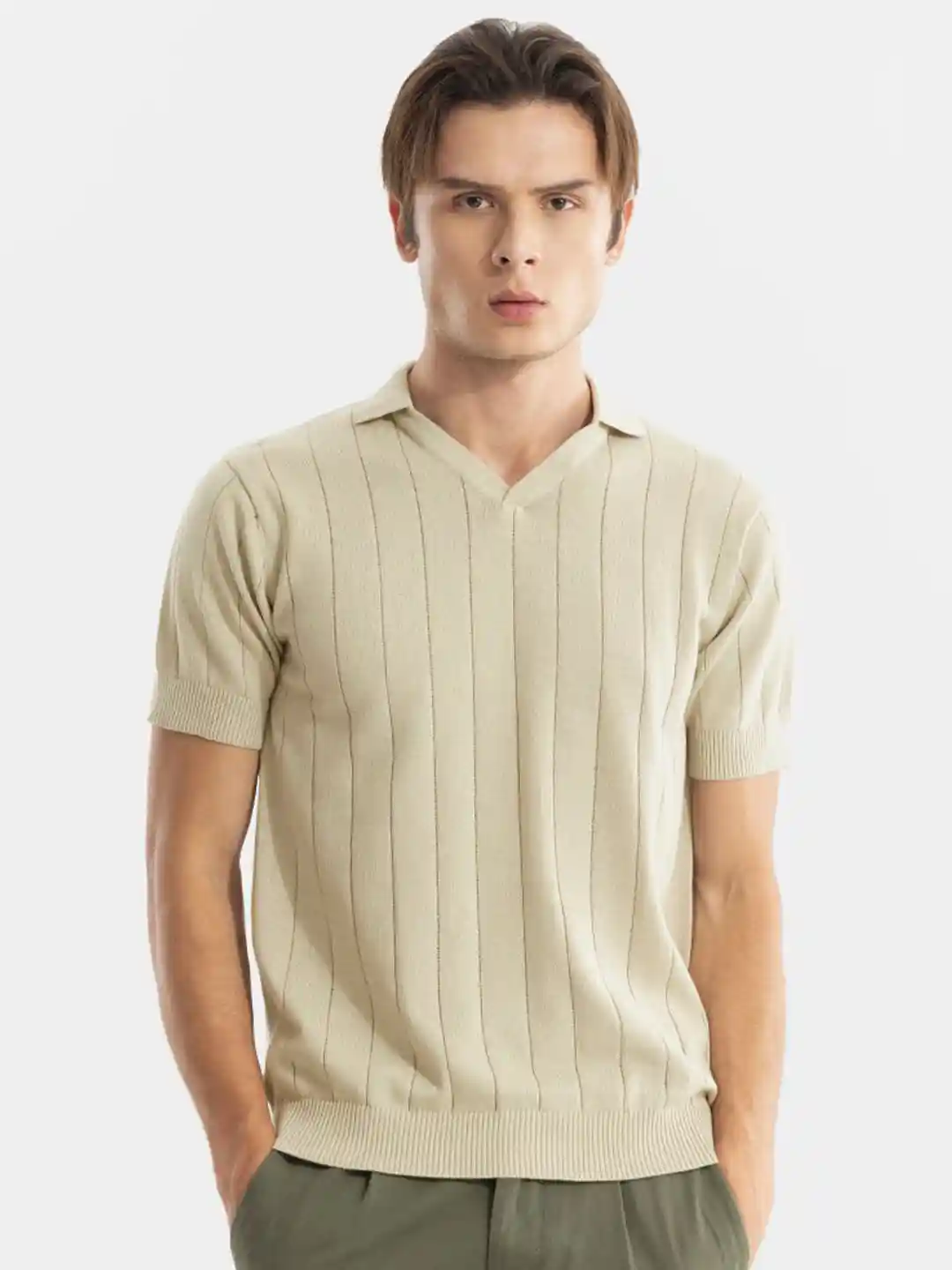 Buy Snitch Beige Striped Polo Collar Slim Fit Pure Cotton T-shirt