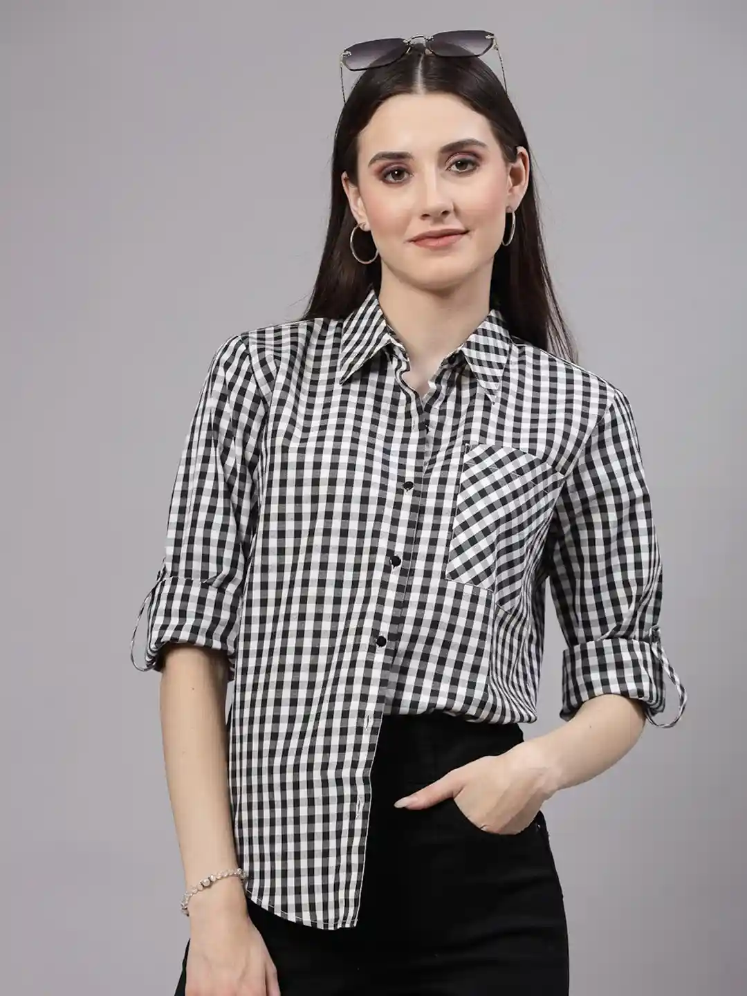 Style Quotient Black Relaxed Fit Gingham Checked Casual Oversized Shirt