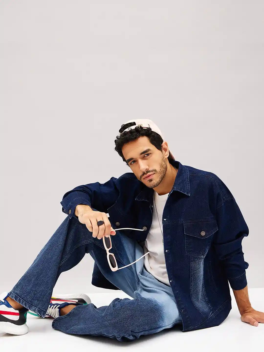 Buy MASCLN SASSAFRAS Navy Blue Washed Spread Collar Long Sleeves