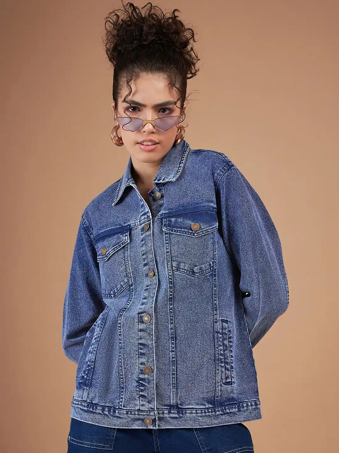 Buy SASSAFRAS Navy Blue Spread Collar Denim Jacket - Jackets for