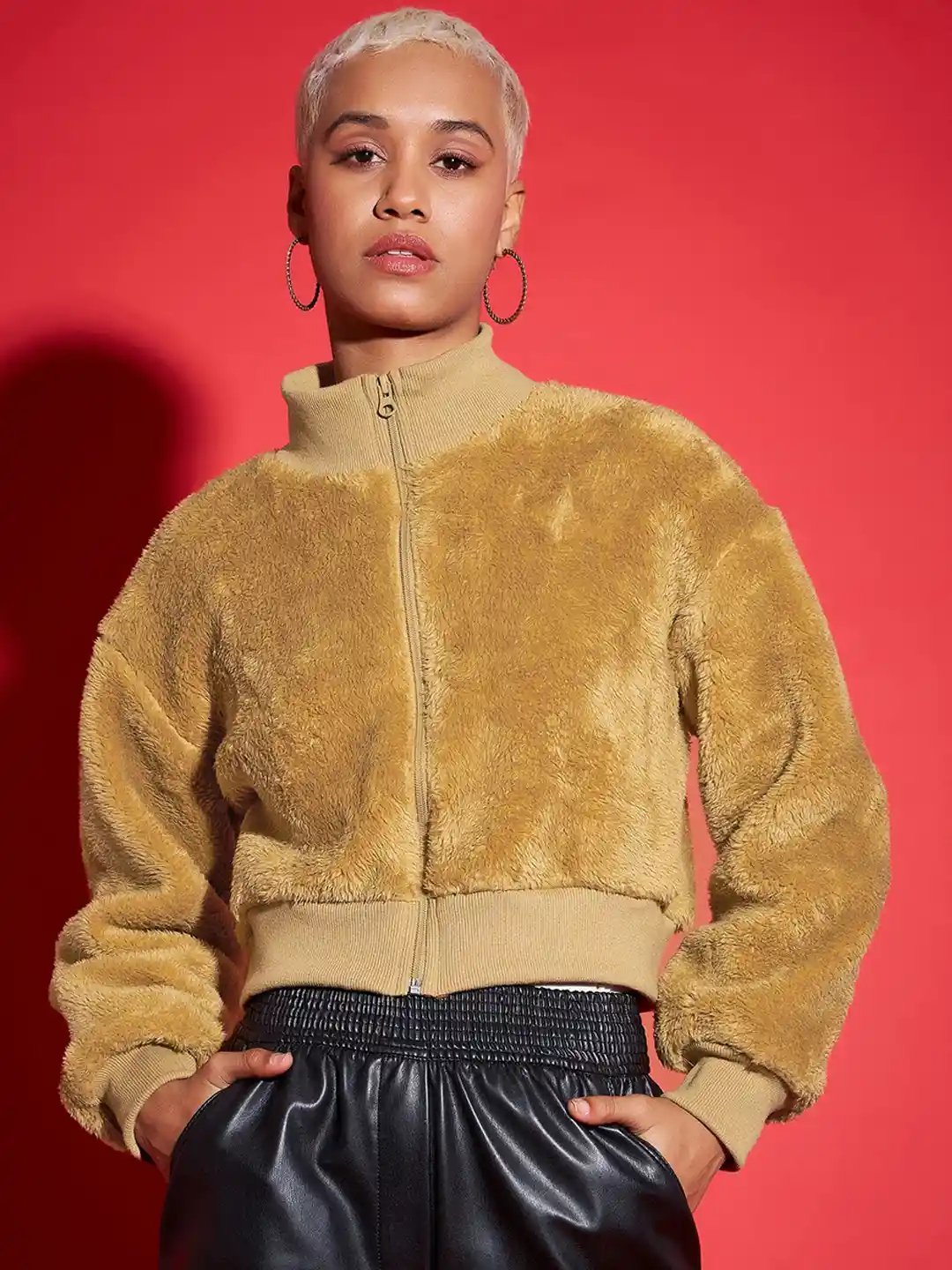 Cropped Jacket Fur Trim Moto Jacket SASSAFRAS Brown Mock Collar