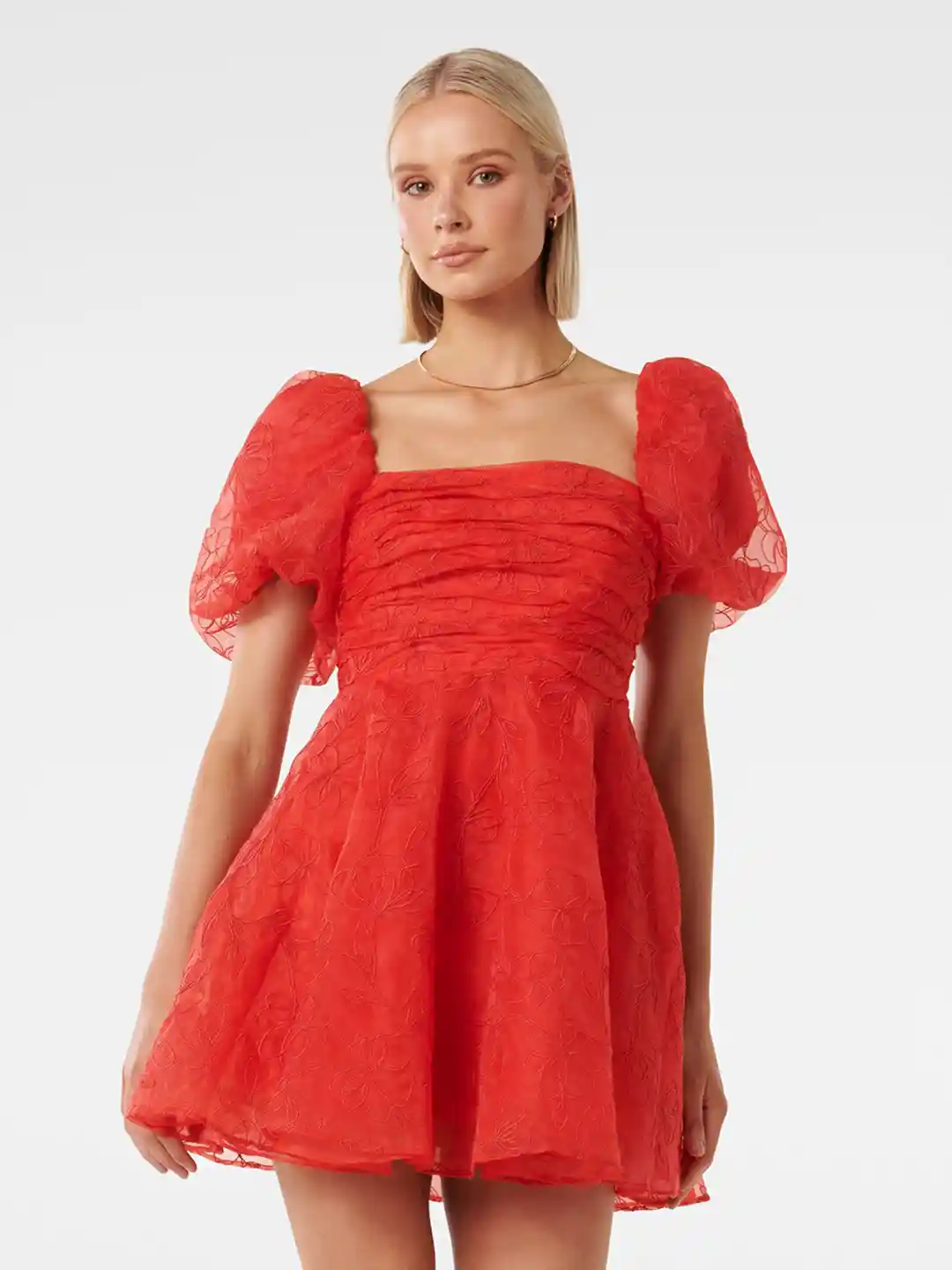 Buy Forever New Cody Embroidered Puff Sleeves Smocked Fit & Flare