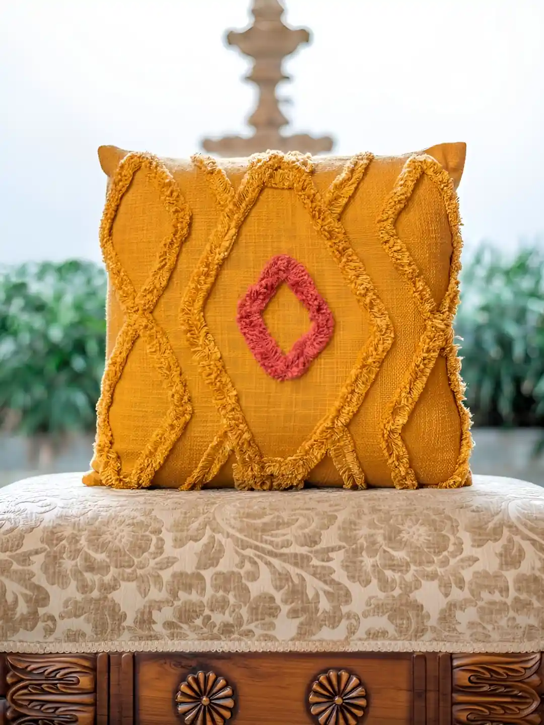 ABSTRACT INDIA Yellow Pink Tufted Geometric Cotton Square Cushion Cover