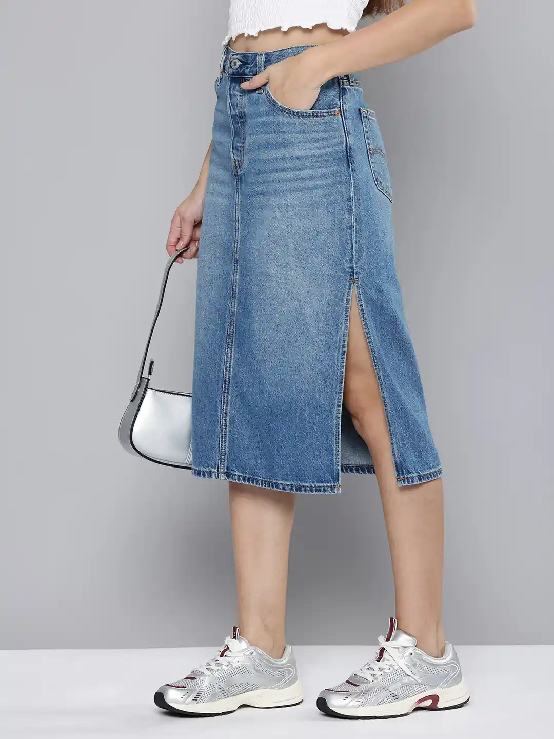 Side Slit Levis Knee Length Denim Skirt Levi's Deconstructed Midi