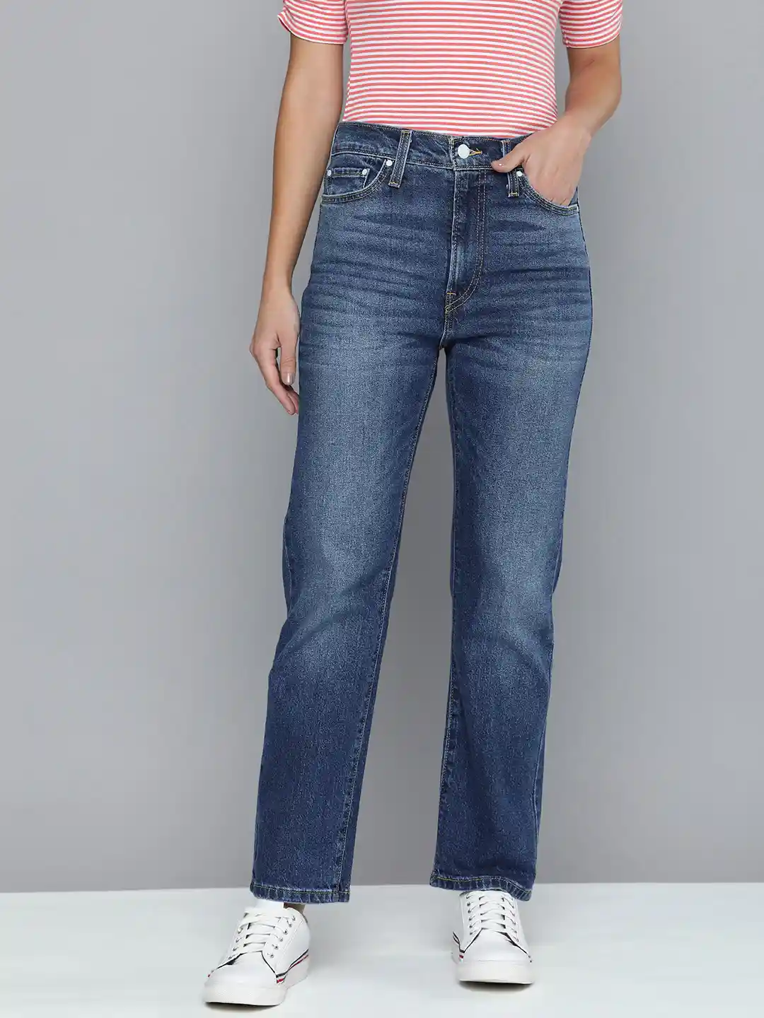 Buy Levis Women Straight Fit Heavy Fade Stretchable Mid-Rise Jeans