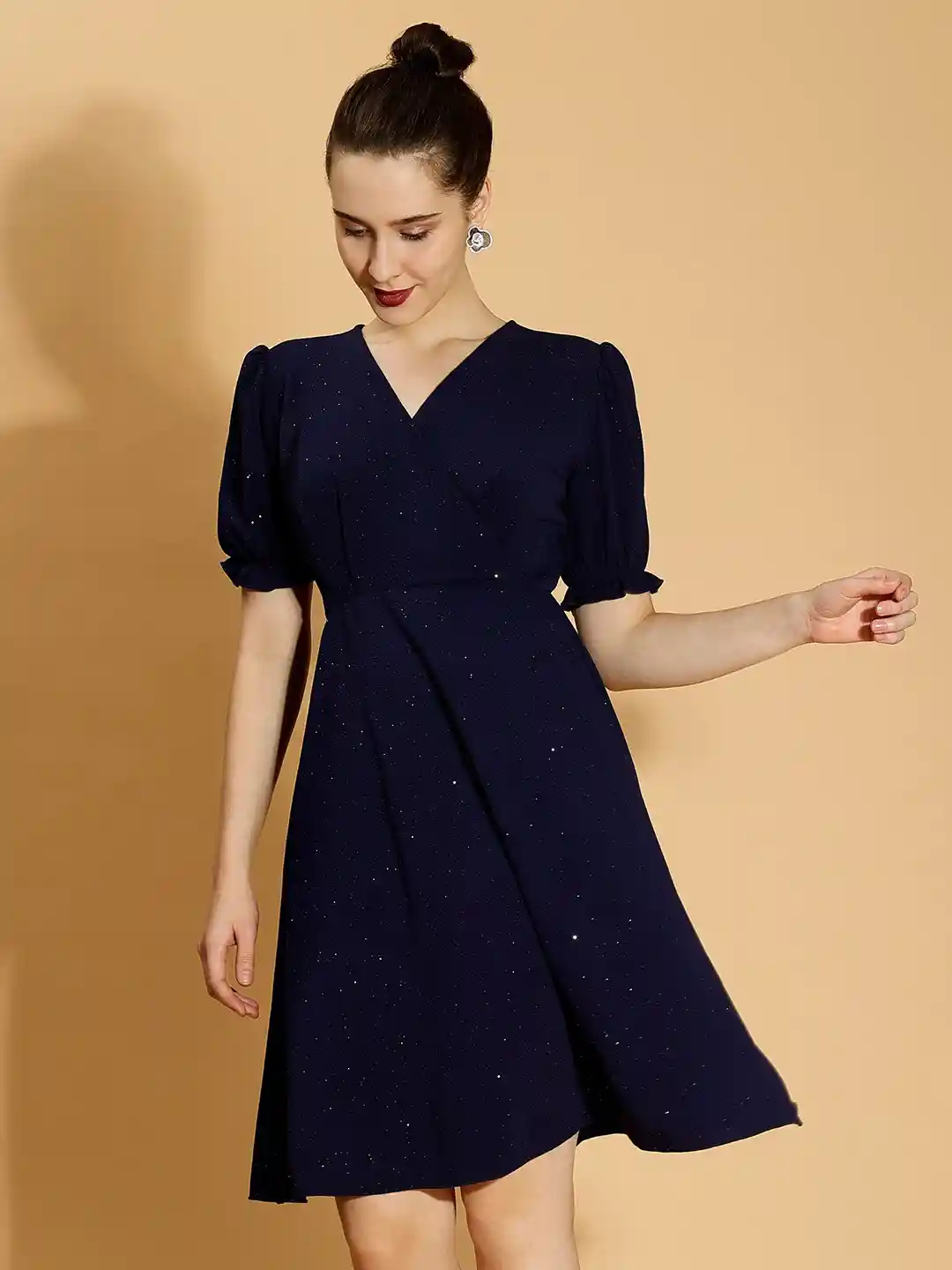 Buy DressBerry Blue Self Design V-Neck Puff Sleeves Wrap Dress