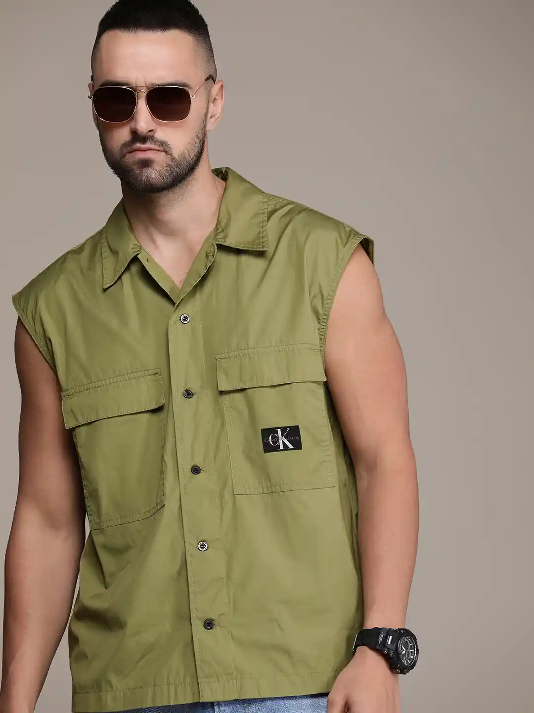 Buy Calvin Klein Jeans Relaxed Fit Sleeveless Opaque Casual Shirt - Main Image