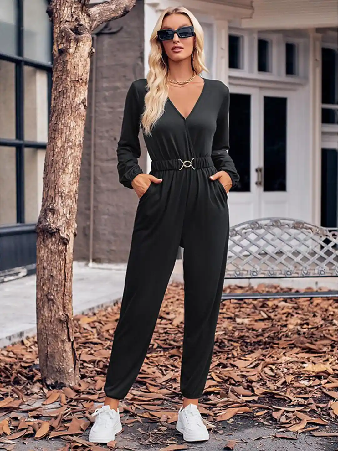 Buy StyleCast Black V-Neck Long Sleeves Waist Tie-Ups Basic