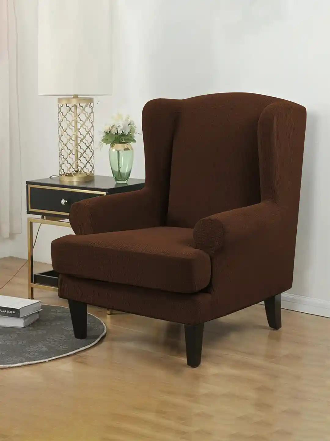 Buy HOKIPO Brown 190 GSM Jacquard Wing Chair Cover Chair Cover