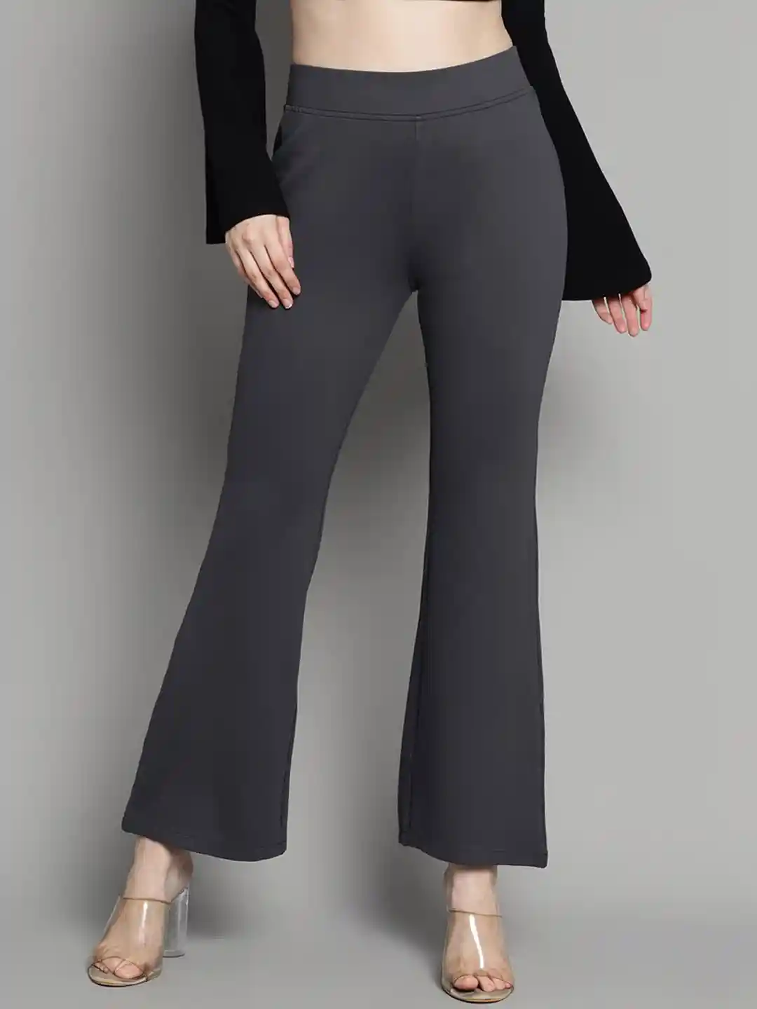 Buy Xpose Women Grey Comfort Flared High-Rise Trousers Trousers