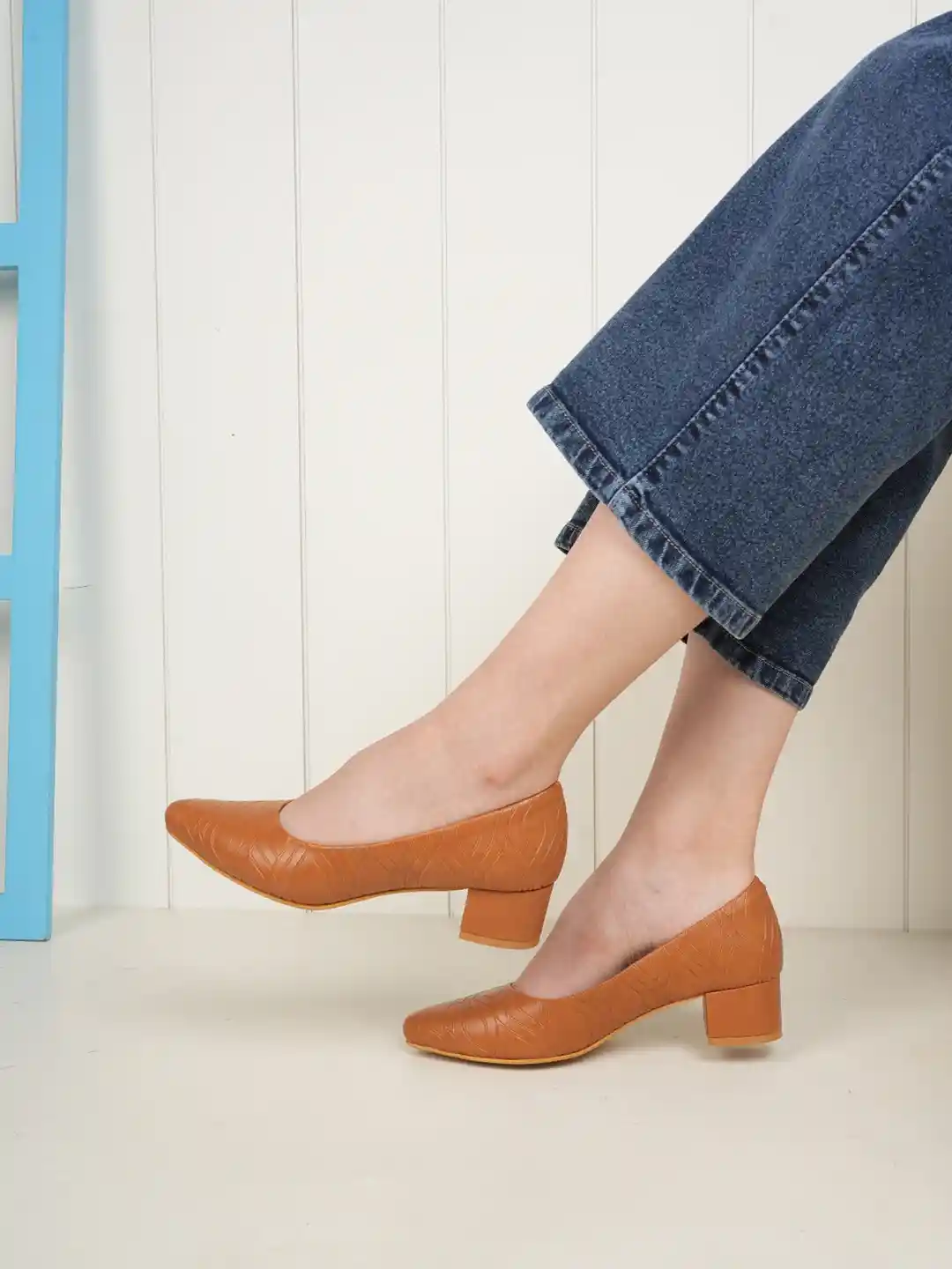 Buy DressBerry Tan Brown Pointed Toe Textured Block Pumps Heels