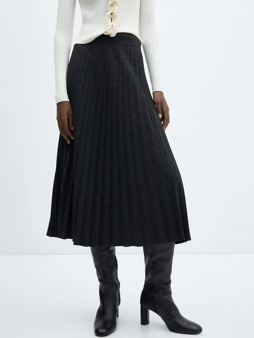 MANGO Women Checked Pleated Flared Midi Skirt