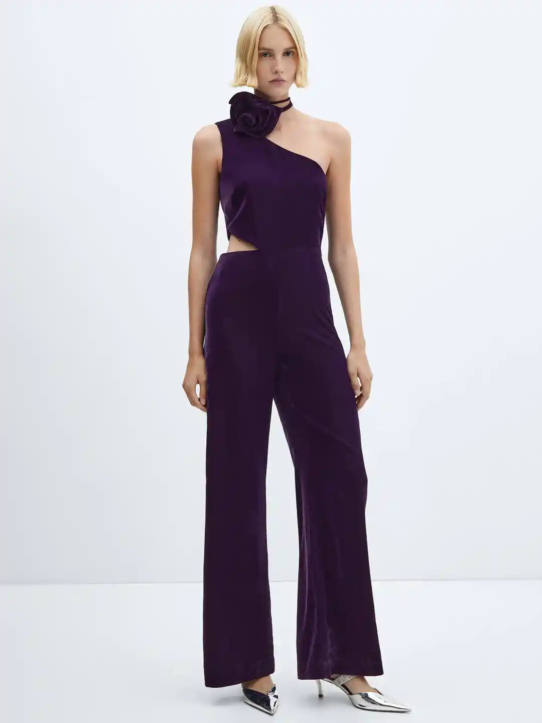 MANGO Velvet Jumpsuit with Applique Tie-up