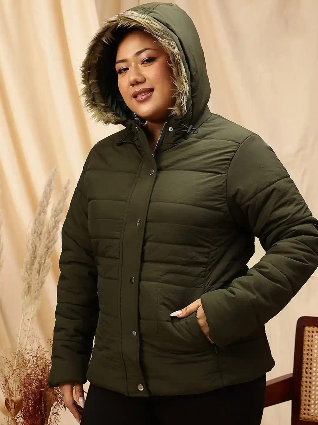 Green Puffer Jacket With Fur Hood CURVY STREET Plus Size Hooded