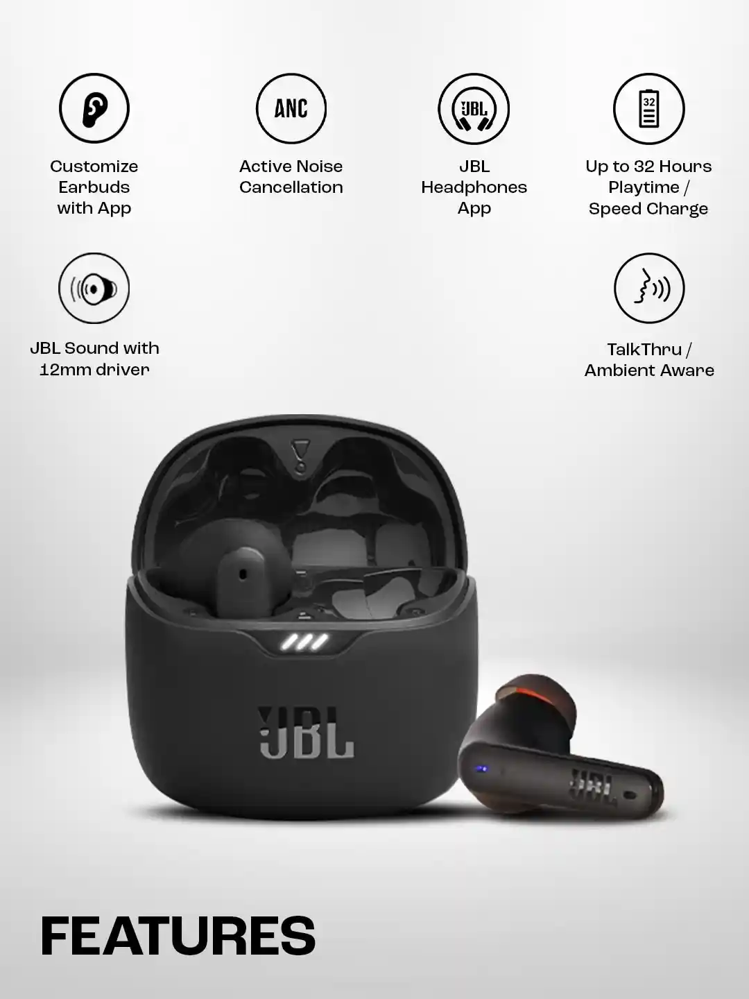 Buy JBL Black Tune Flex TWS with ANC Customizable Eartips 32H - Main Image