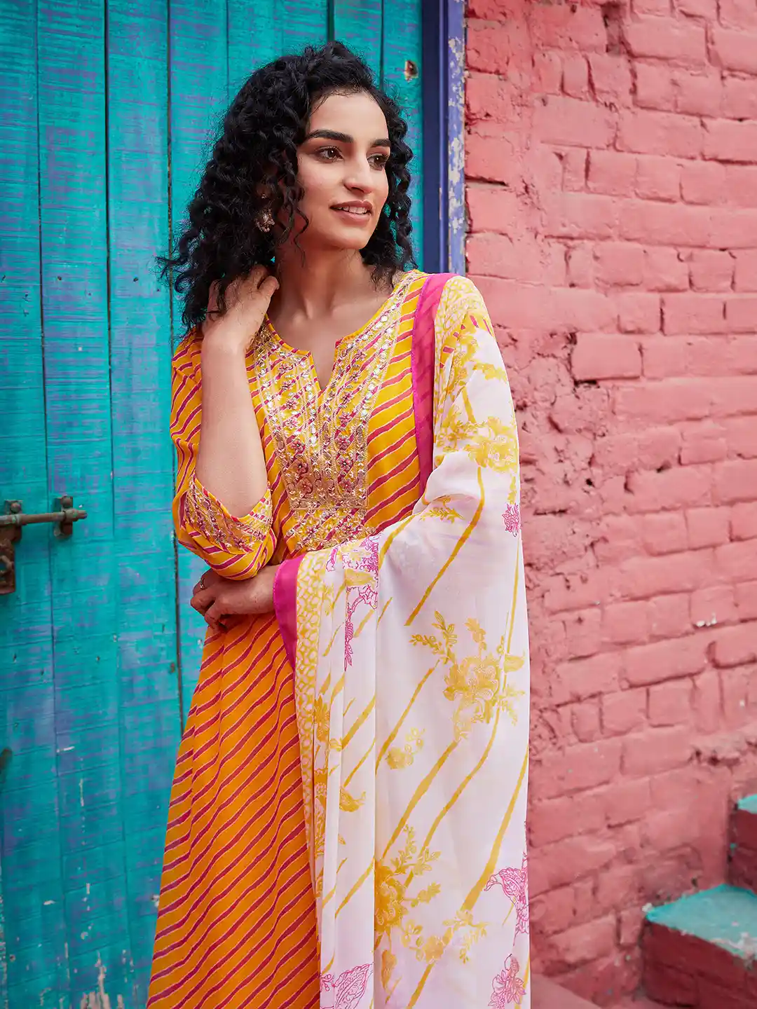 Buy Biba Leheriya Printed Mirror Work Kurta with Palazzos