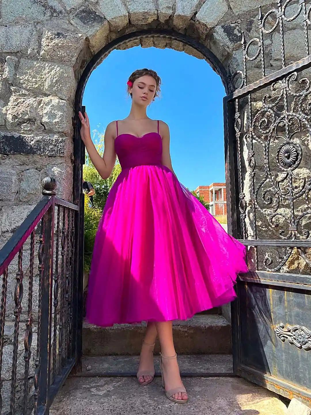 Pink Midi Ball Gown Dresses Candy Floss Garden Midi Dress Teuta