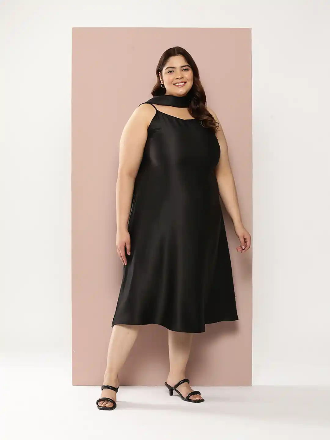 Buy Sztori Plus Size Satin A-Line Midi Dress with Scarf Dresses