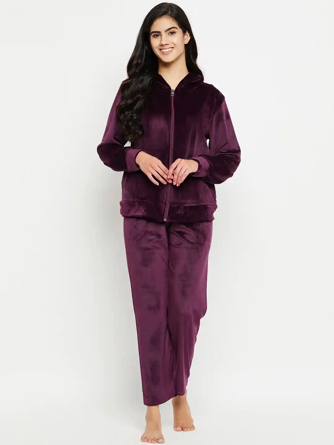 Buy Camey Hooded Long Sleeves Velvet Night Suit Night suits for