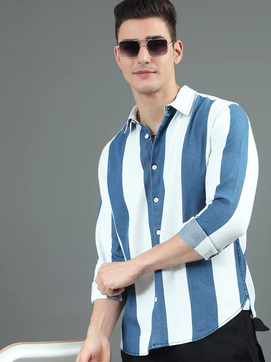 Buy HERE&NOW Blue Slim Fit Vertical Striped Cotton Casual Shirt