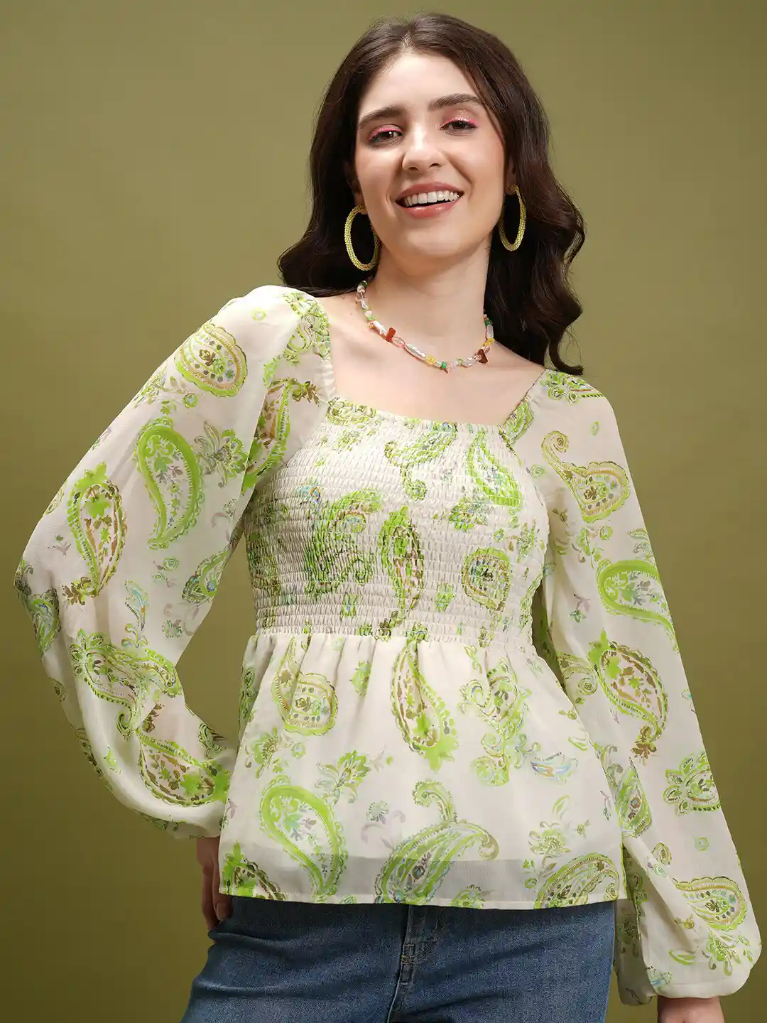 Tokyo Talkies White Green Floral Printed Square Neck Smocked Peplum Top