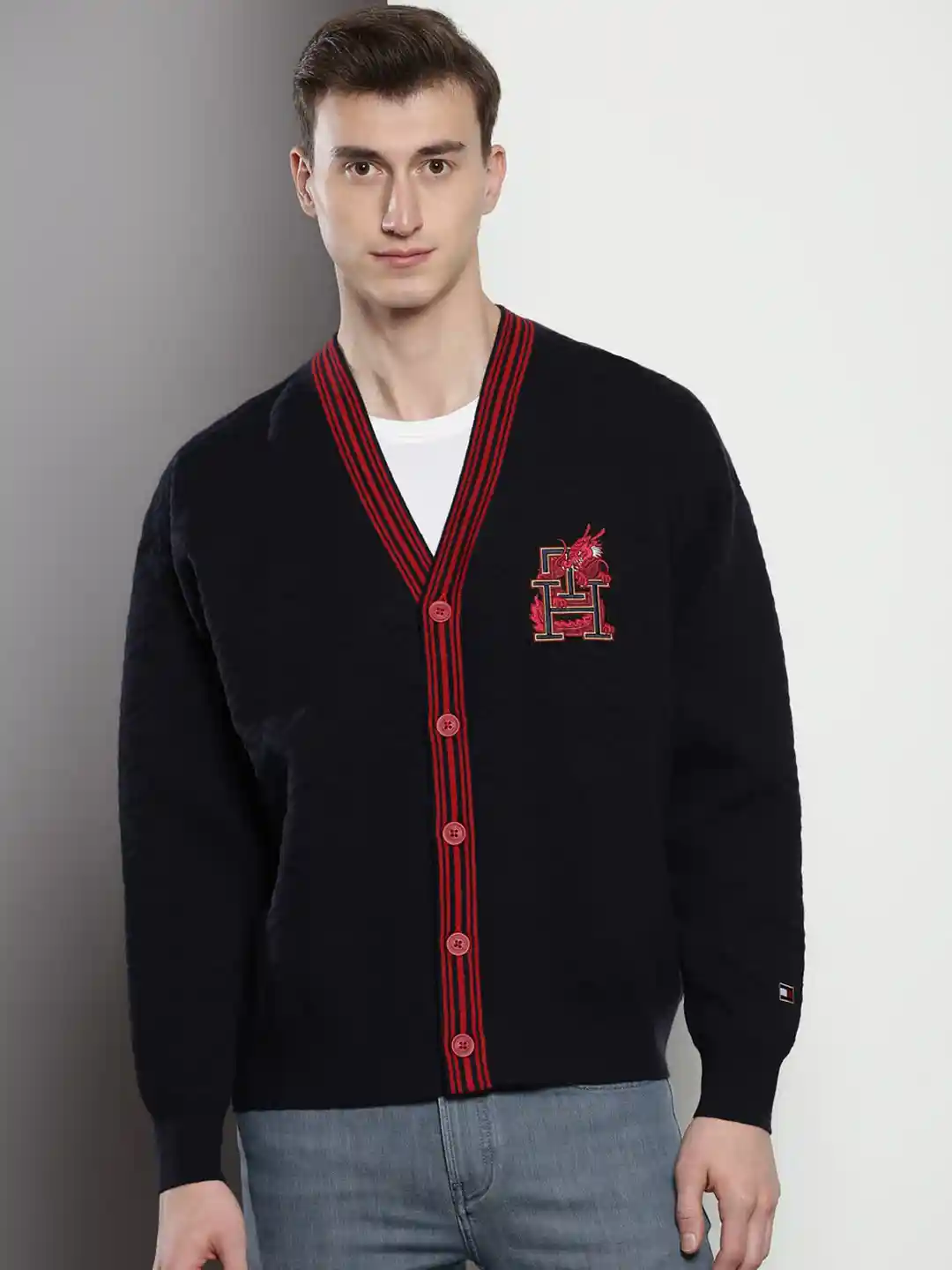 Buy Tommy Hilfiger Geometric Self Design V-Neck Cotton Cardigan