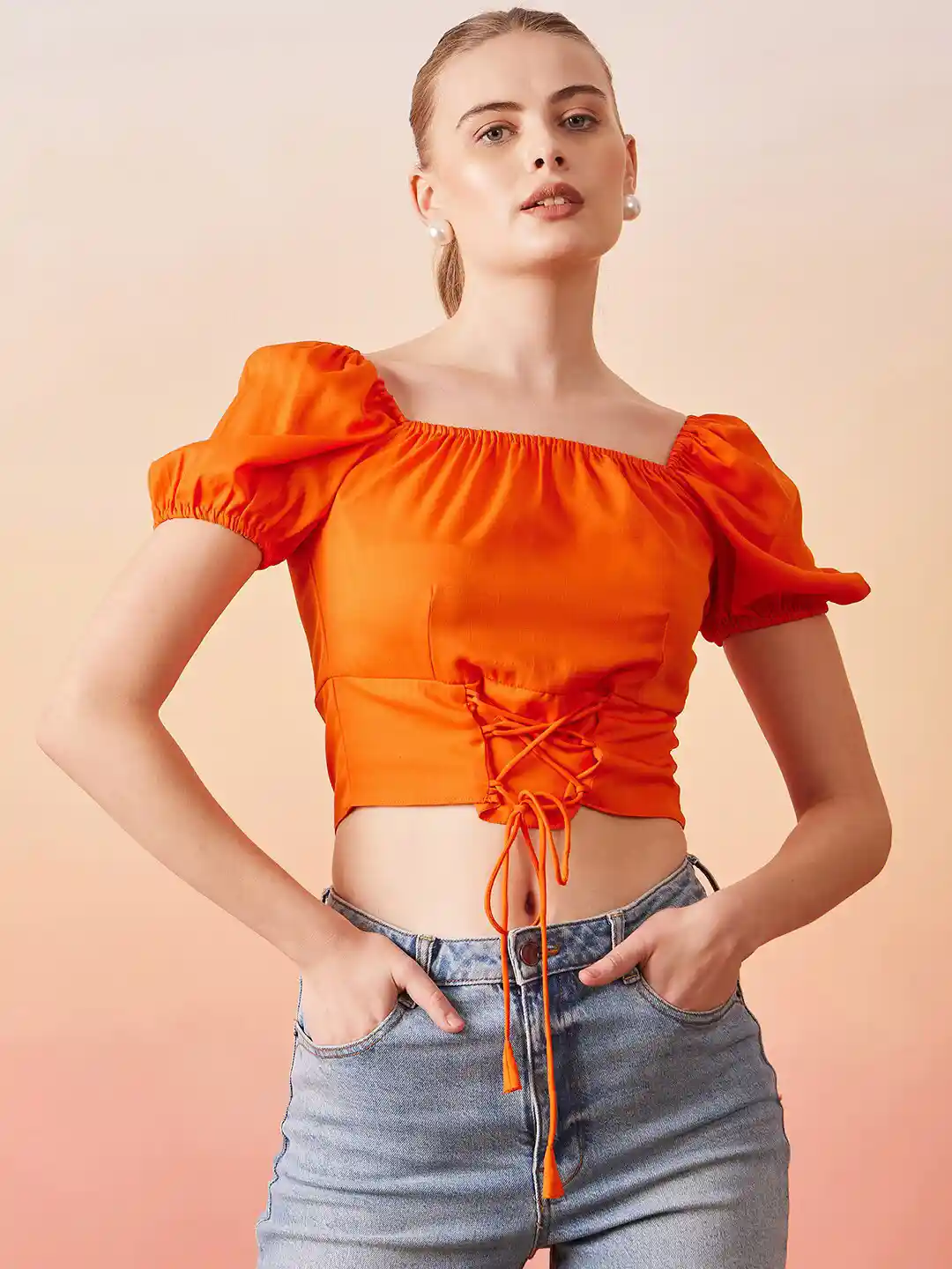 RARE Orange Puff Sleeve Smocked Crepe Bardot Crop Top