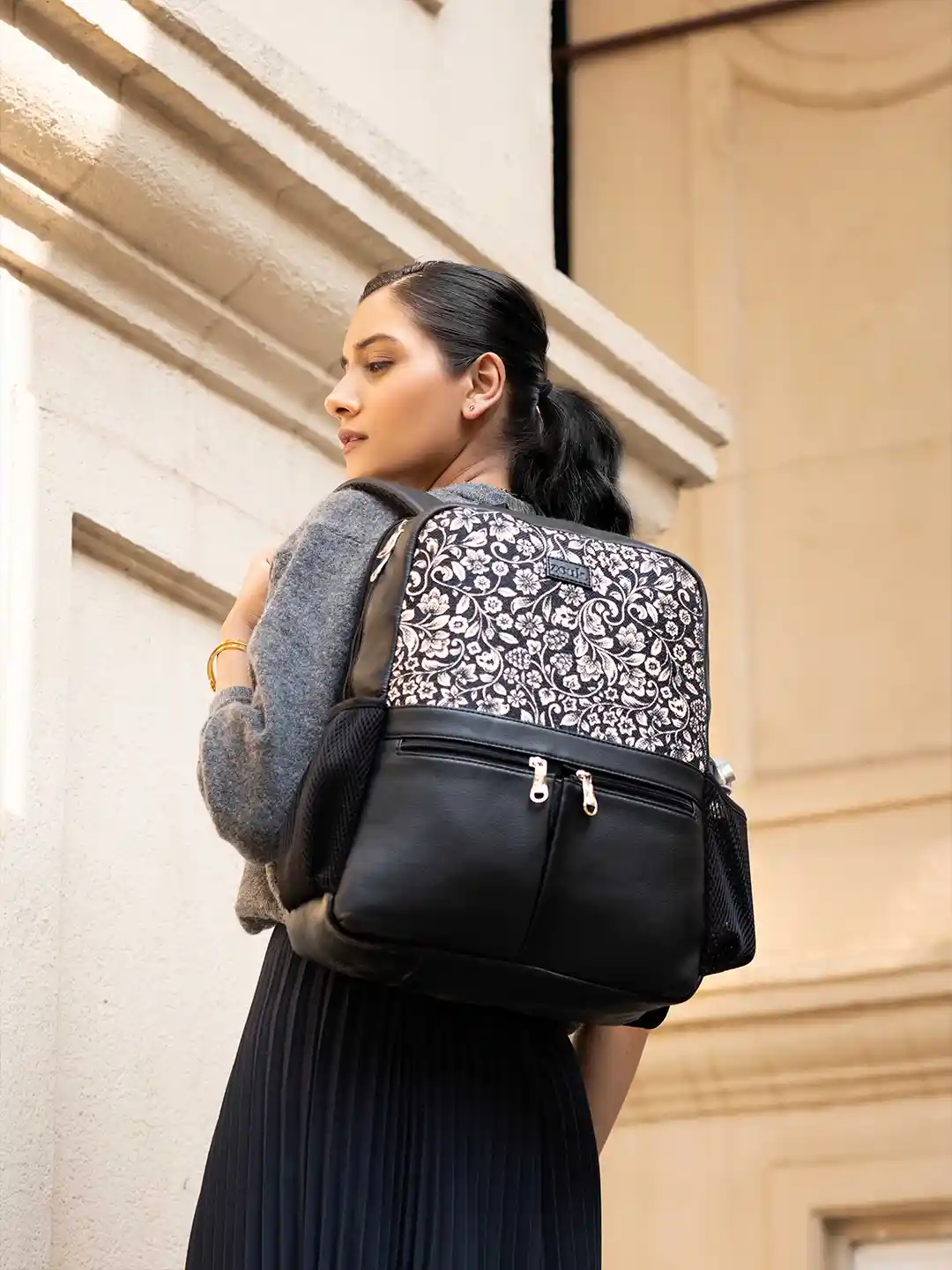 ZOUK Women Floral Printed Vegan Leather Backpack With Compression Straps-Up  to 16 inch