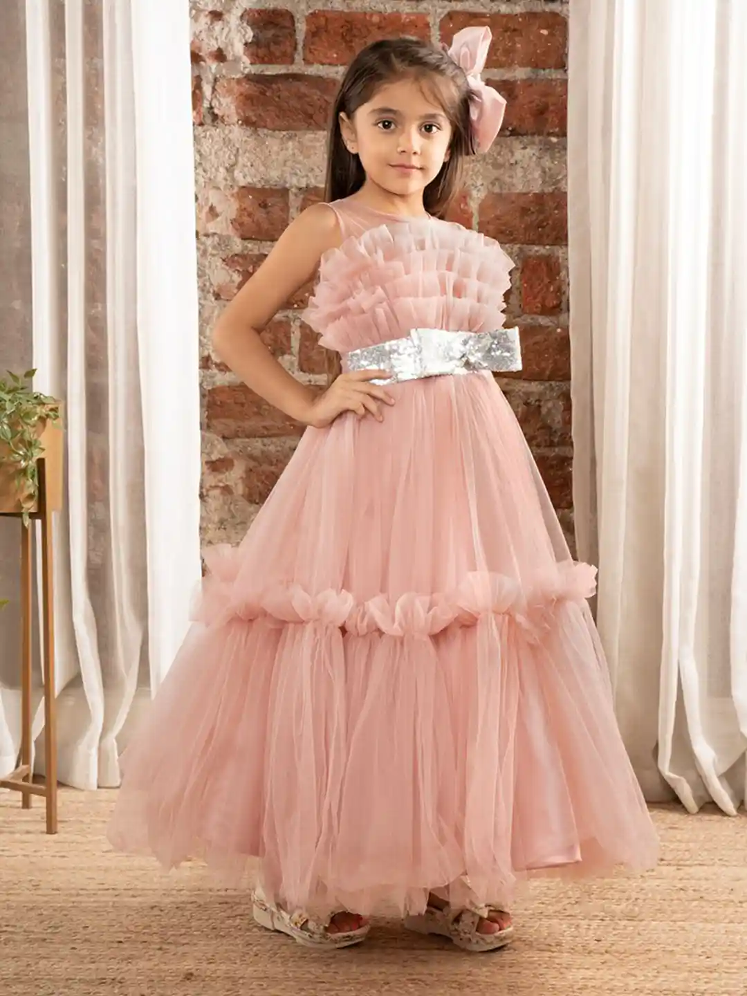 Buy Ministitch Girls Ruffled Net Party Maxi Gown Dresses for