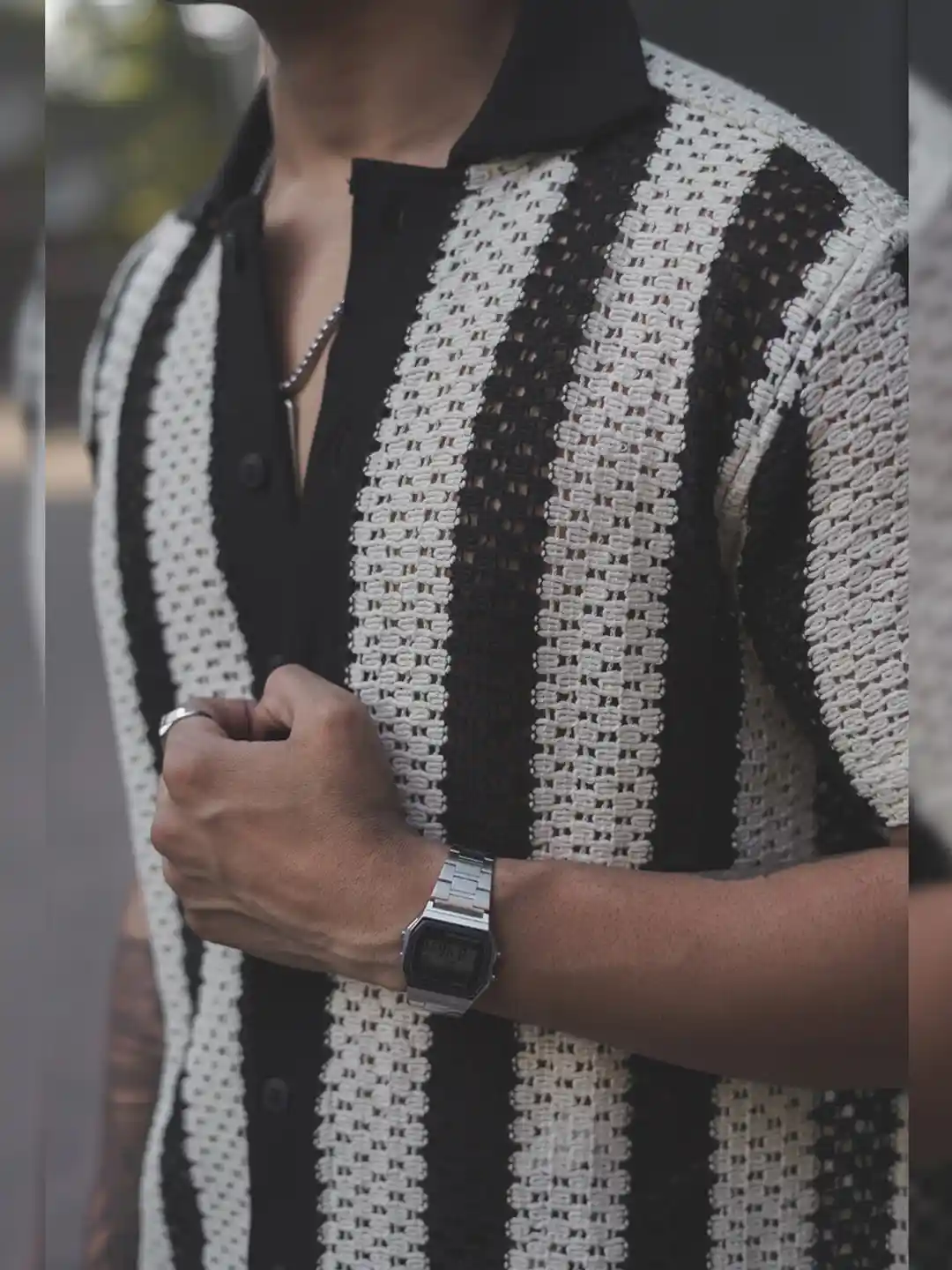 Buy Powerlook White India Slim Vertical Striped Crochet Semi Sheer