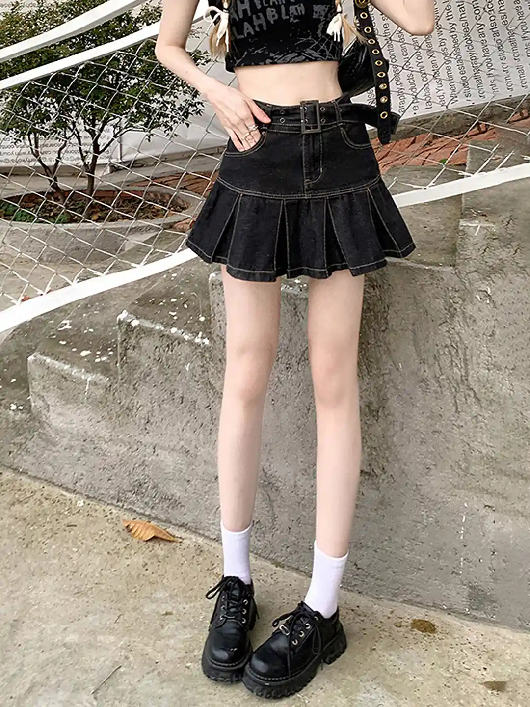 Buy LULU SKY Pleated Denim A-Line Mini Skirt With Buckle Belt - Main Image