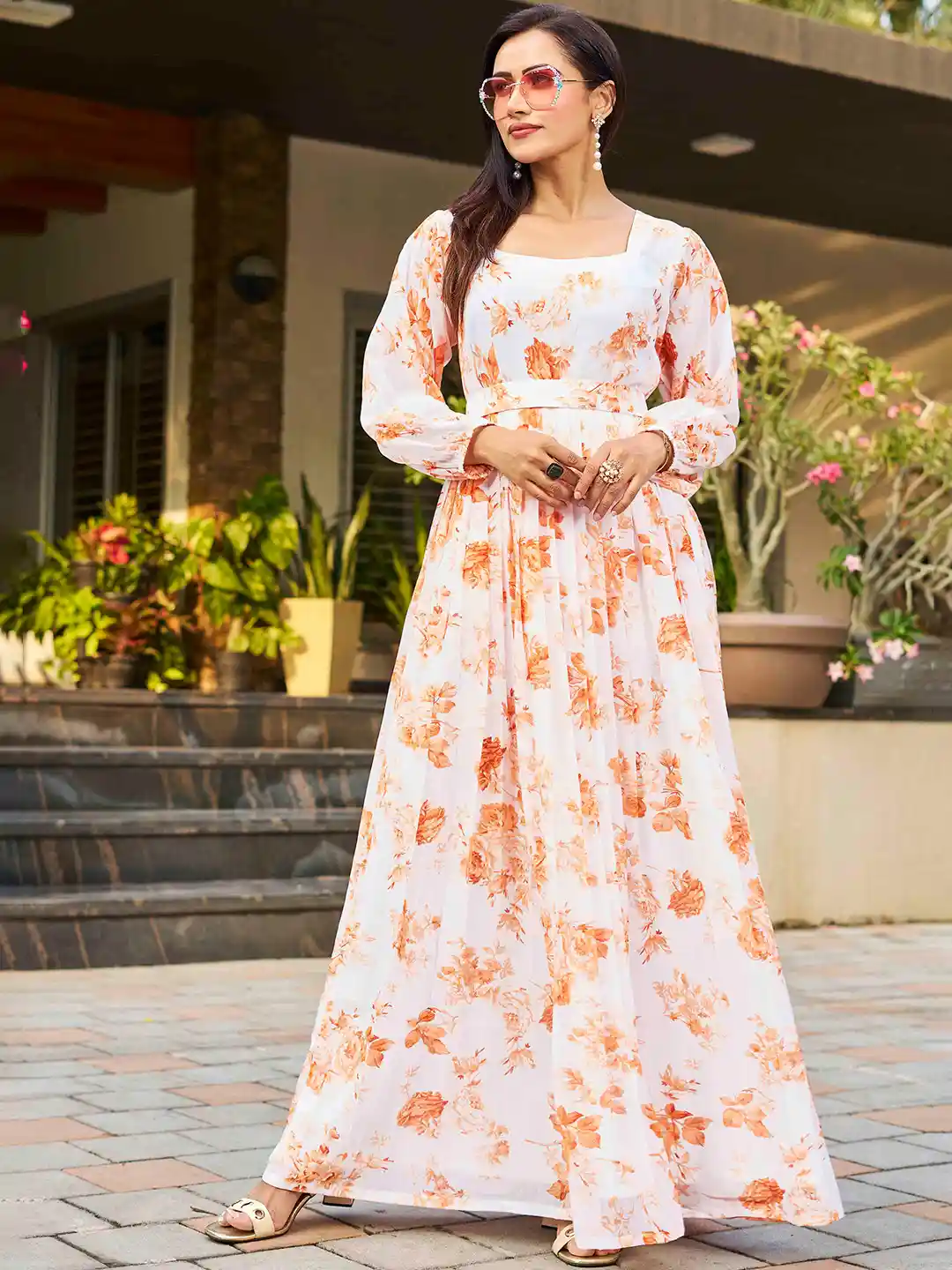 Chandbaali Floral Printed Georgette Maxi Fit and Flare Dress