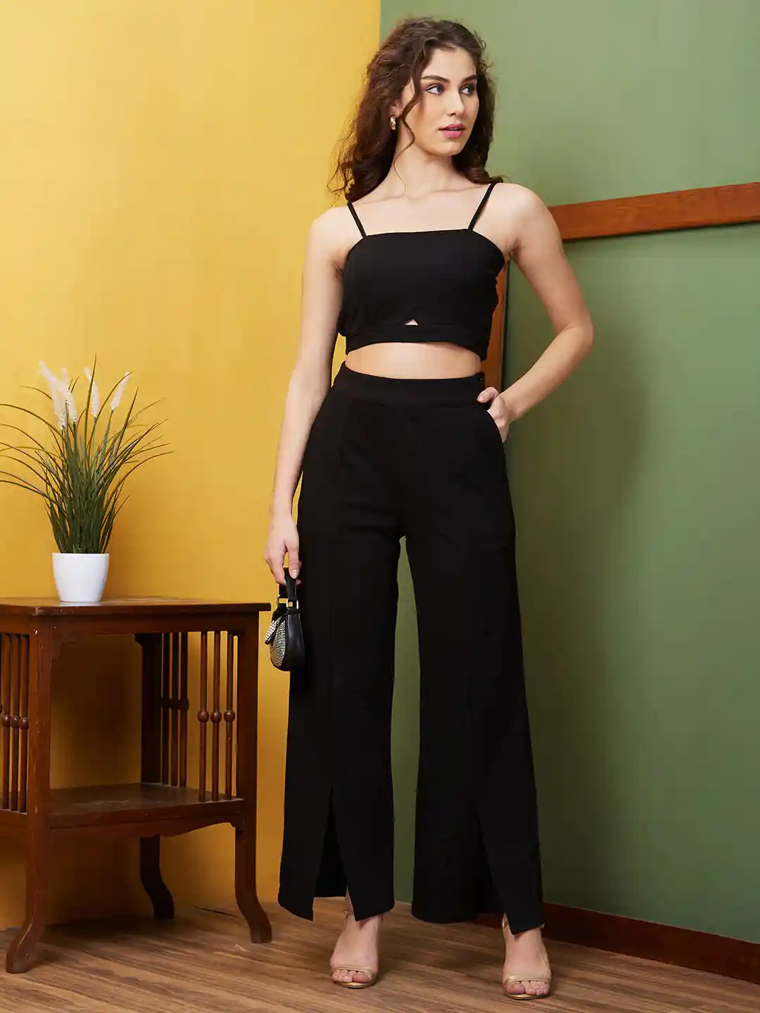 Buy Globus Tie Up Crop Top Front Slit Trouser Co Ord Set Co