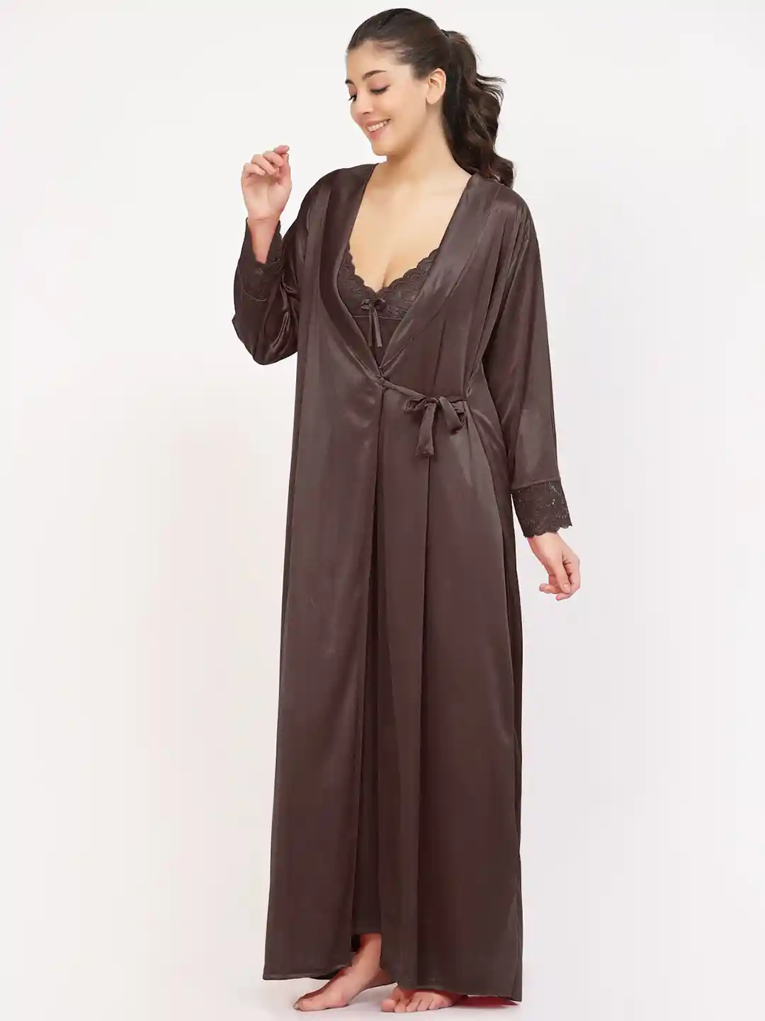 Buy NIGHT KEYS Pack of Satin Maxi Nightdress with Robe