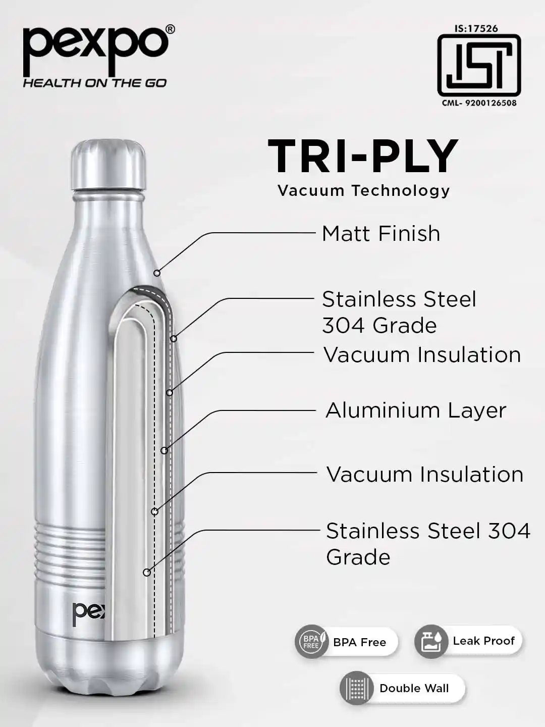 Buy Pexpo Echodlx Silver Solid Stainless Steel Double Wall Vacuum - Main Image