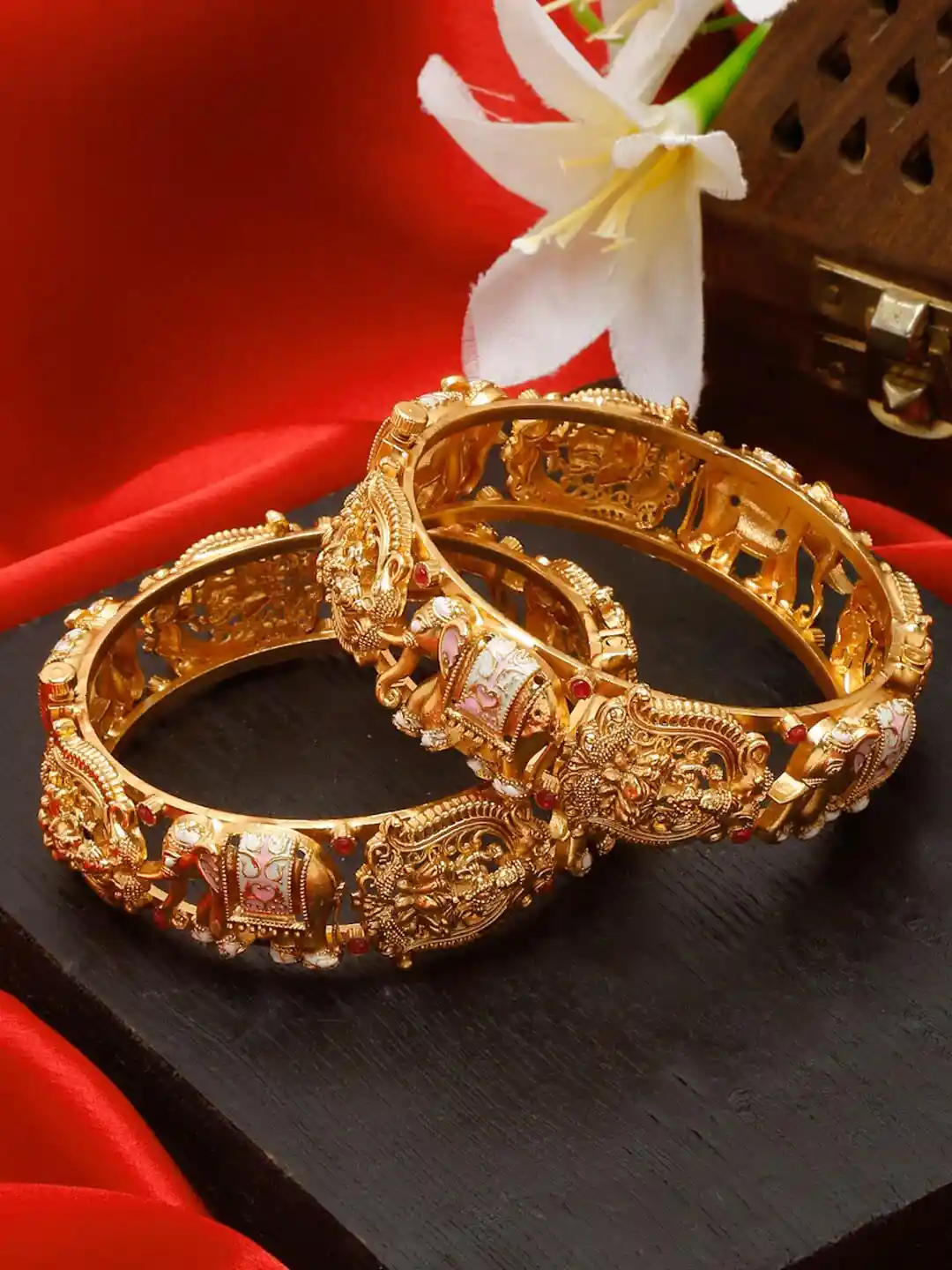 Buy YouBella Set Of Gold-Plated Stone Studded Enamelled Bangles