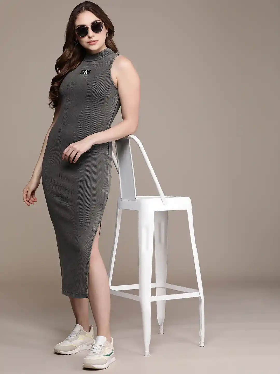 Buy Calvin Klein Jeans Pure Cotton Ribbed Slit Sheath Midi Dress