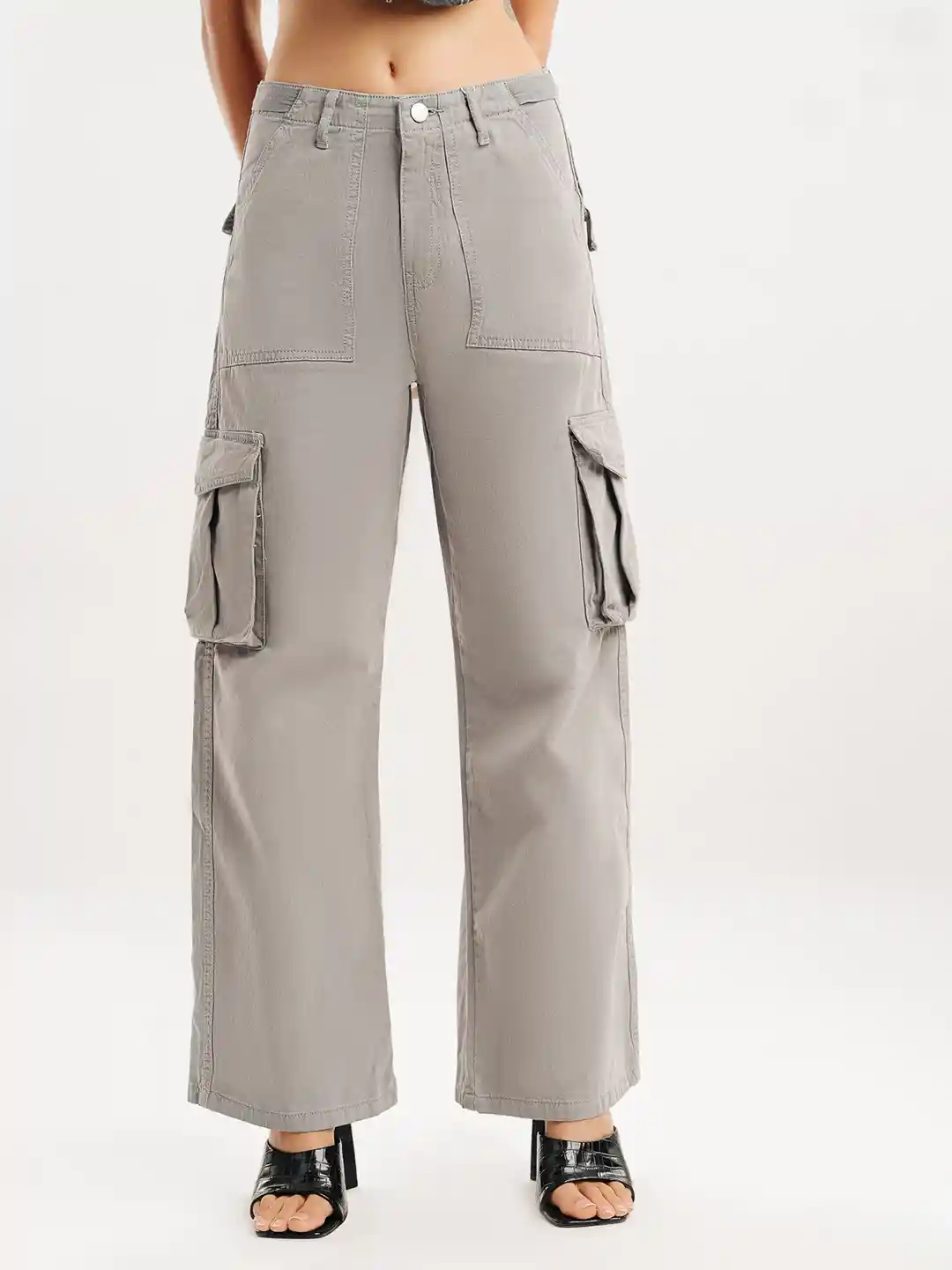 FREAKINS Women Grey Mid-Rise Clean Look Pure Cotton Cargo Style Jeans