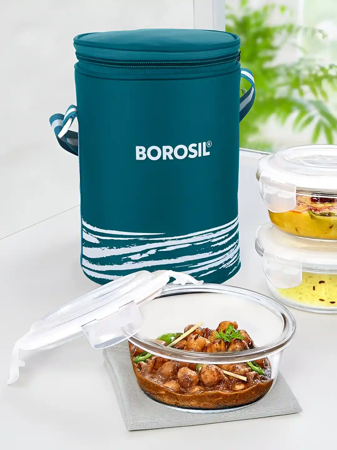 BOROSIL Pieces Teal Blue Transparent Round Glass Lunch Box 400 ml With  Bag