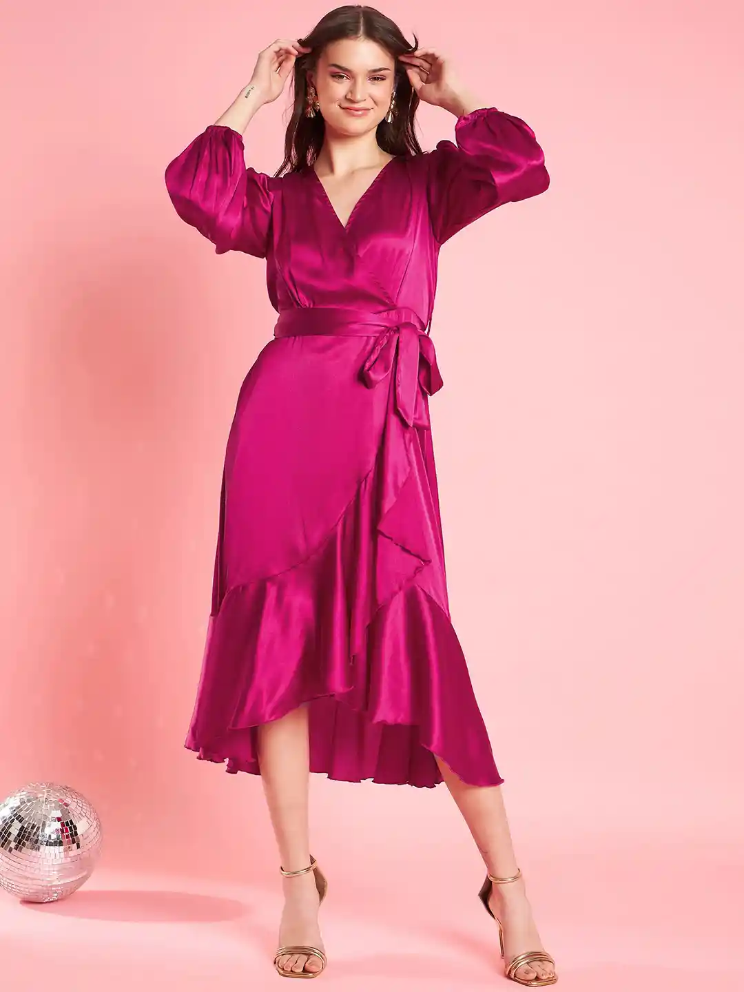 Buy Antheaa Pink Puff Sleeve Layered Satin Wrap Midi Opaque Party