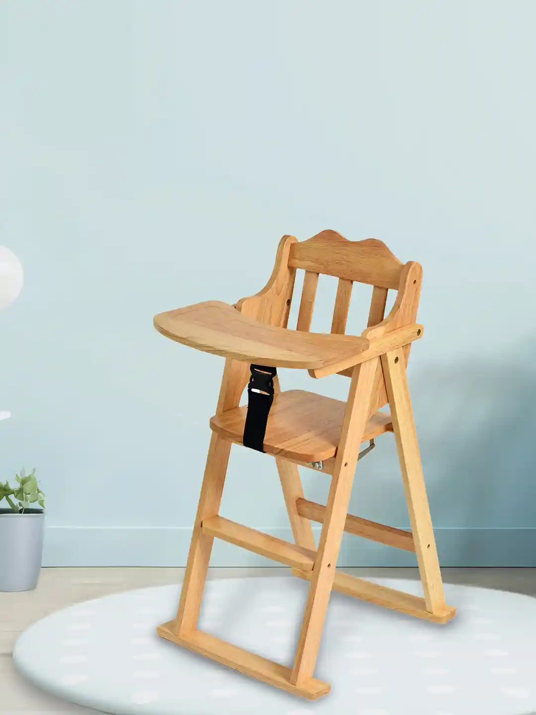 MiArcus Foldable Rubber Wood Baby High Chair with Safety Harness Anti-Skid Wooden Legs