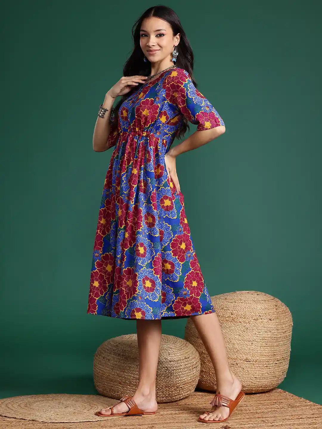 Midi Dress Floral Ethnic Dresses Revan Black Floral Print Midi