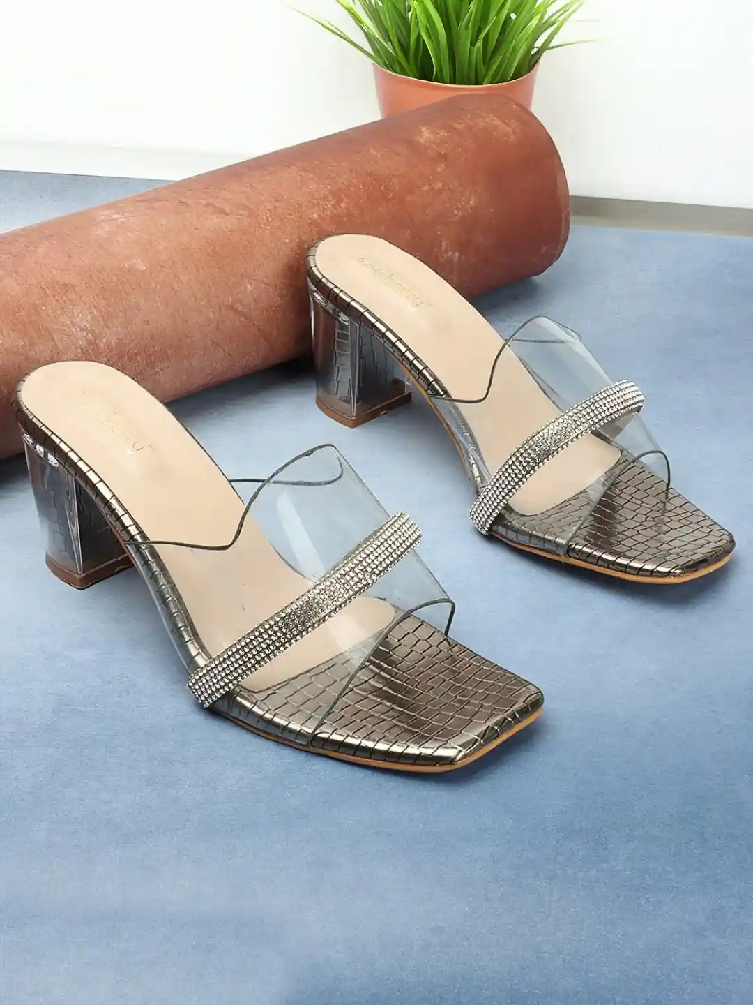 Buy DressBerry Grey Textured Embellished Open Toe Block Heels